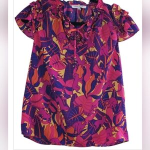 ROSE + OLIVE Vibrant Floral Ruffle Cap Sleeve Blouse Size Small